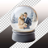 Couple in snow globe with winter background